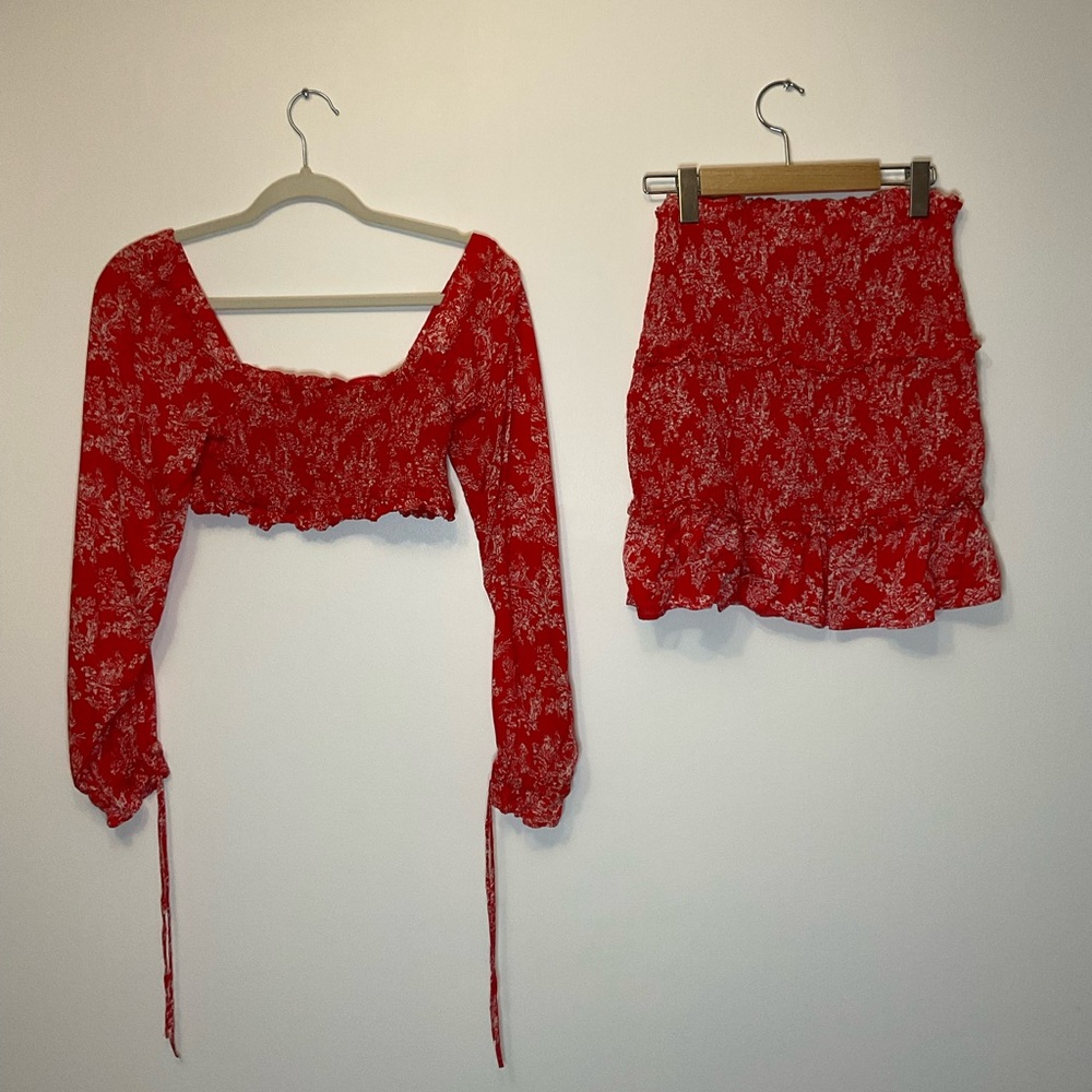 Urban Outfitters Red Floral Smocked Crop Top Skirt Set Size Medium Floral Design